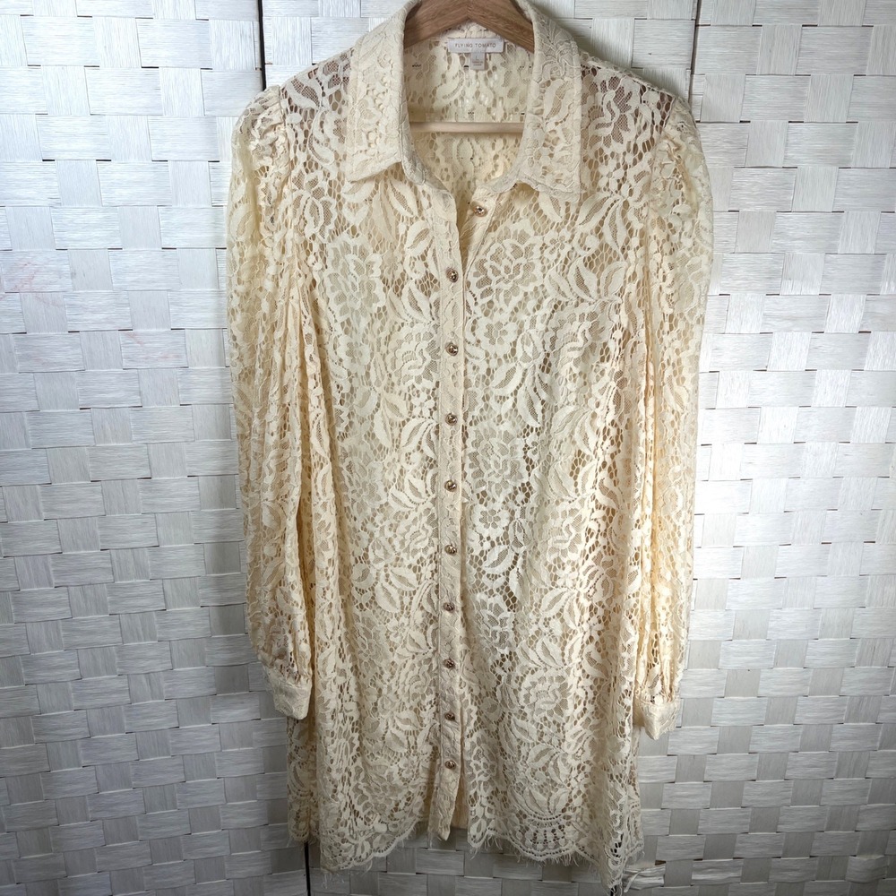 Flying Tomato Lace Shirt Dress Puff Sleeve Cream‎ Size Large Fairy Indie Cottage - Picture 4 of 9